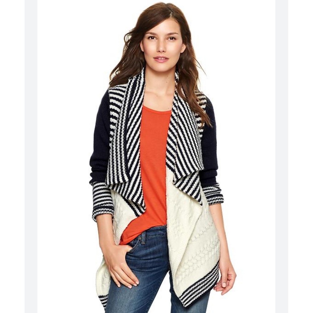 GAP Cable Knit Striped Shawl Collared Wool Blend Swing Cardigan‎ Size M Petite
